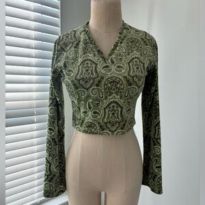 Y2K Cloud Velour Green Paisley Long Sleeve Crop Top